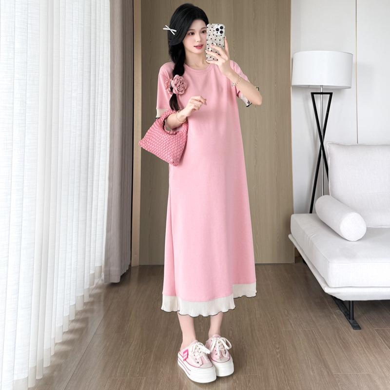 Korean Style Summer 2026 Maternity Patchwork Dress - Mid-Length, Round Neck L