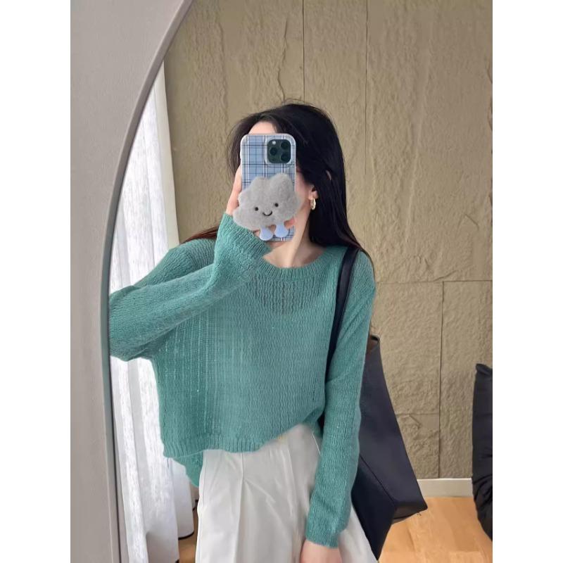 Spring New Back Button Design Knitted Blouse Women's Short Bright Silk Thin Sweater Long Sleeve Hollow Shirt
