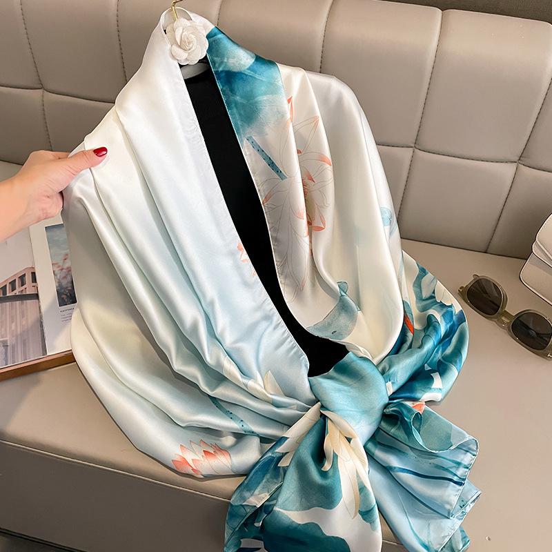 180*90Cm  Women Summer Silk Scarves Shawls Lady Wraps Soft Female Geometry Beach Stole Bandanna Foulard Muffler