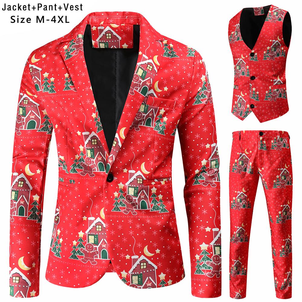 Print Suits Fashion Merry Christmas Men's Suits Jackets Casual Suit 2 Piece Suits(Blazers + Pants) Christmas Gift Set Men's Christmas Print Set Party