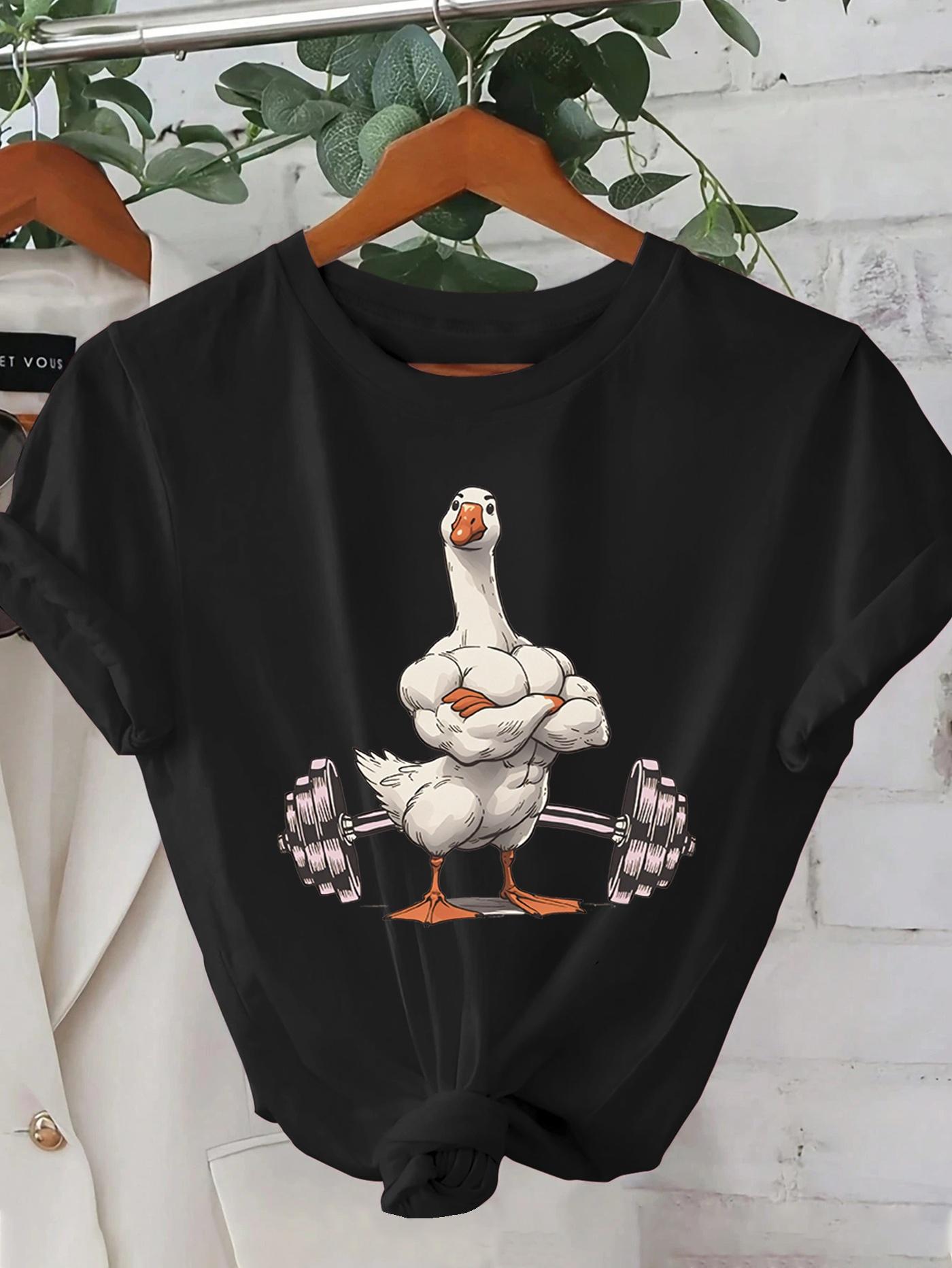 Women s Casual Graphic T-Shirt Funny Muscular Duck Lifting Weights Short Sleeve Round Neck Summer Top Streetwear Cartoon clothes S