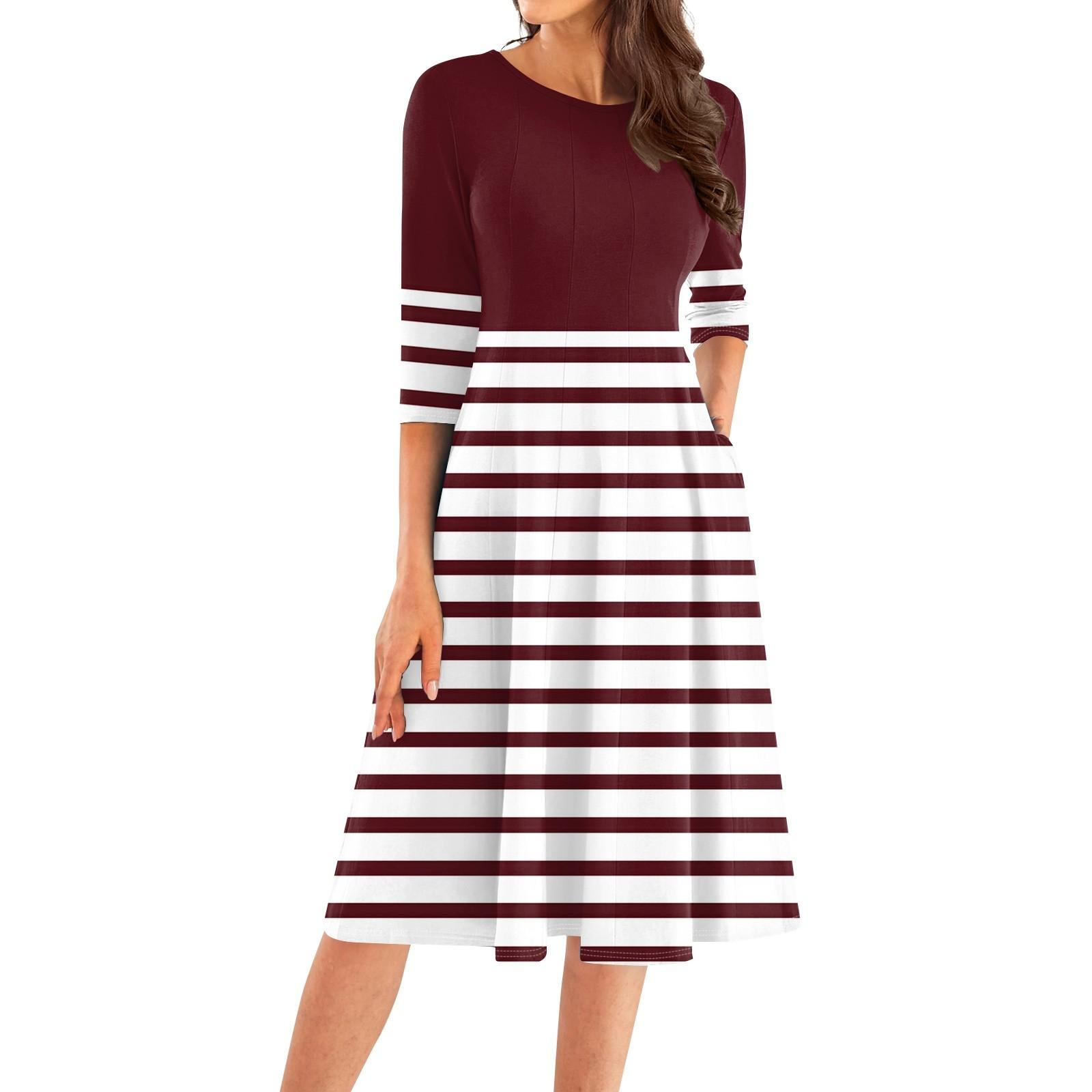 

Женское повседневное модное платье миди с круглым вырезом и рукавом три четверти M винный