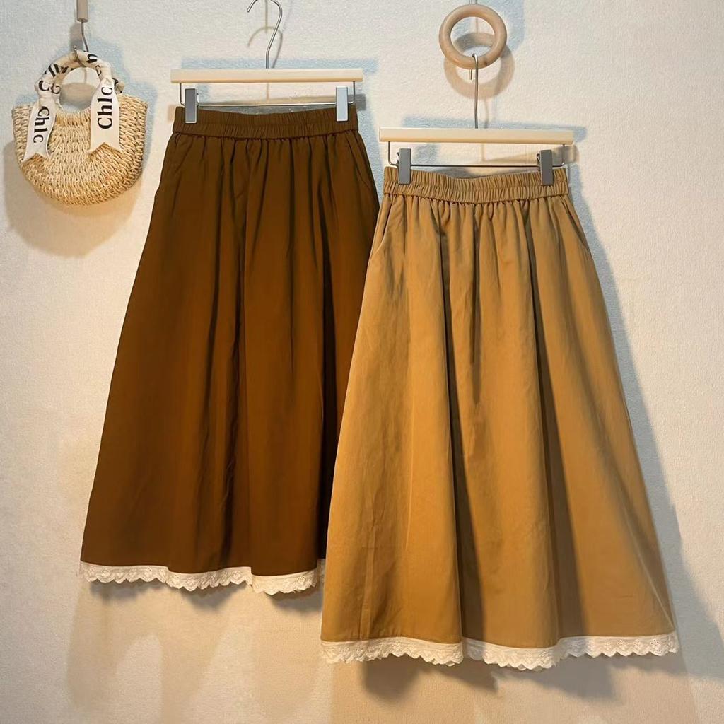 Women's Autumn Design-Forward Lace-Trimmed Paneled Midi Skirt - Niche High-Waist Pleated Loose Umbrella Skirt with Sweet Flair