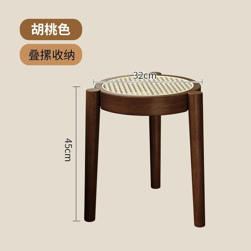 Rubberwood Home Stool Breathable Rattan Dining Chair Natural Wood Dining Stool Stackable Mid-Century Living Room Chair