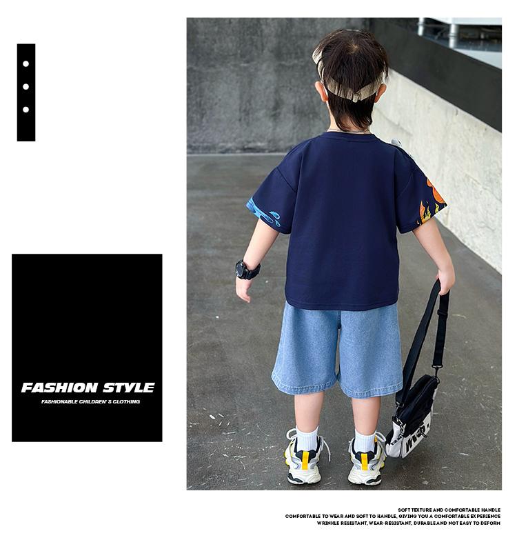 Boys' summer Nezha set, children's short-sleeved shorts, baby cartoon summer two-piece set, summer jeans, T-shirt