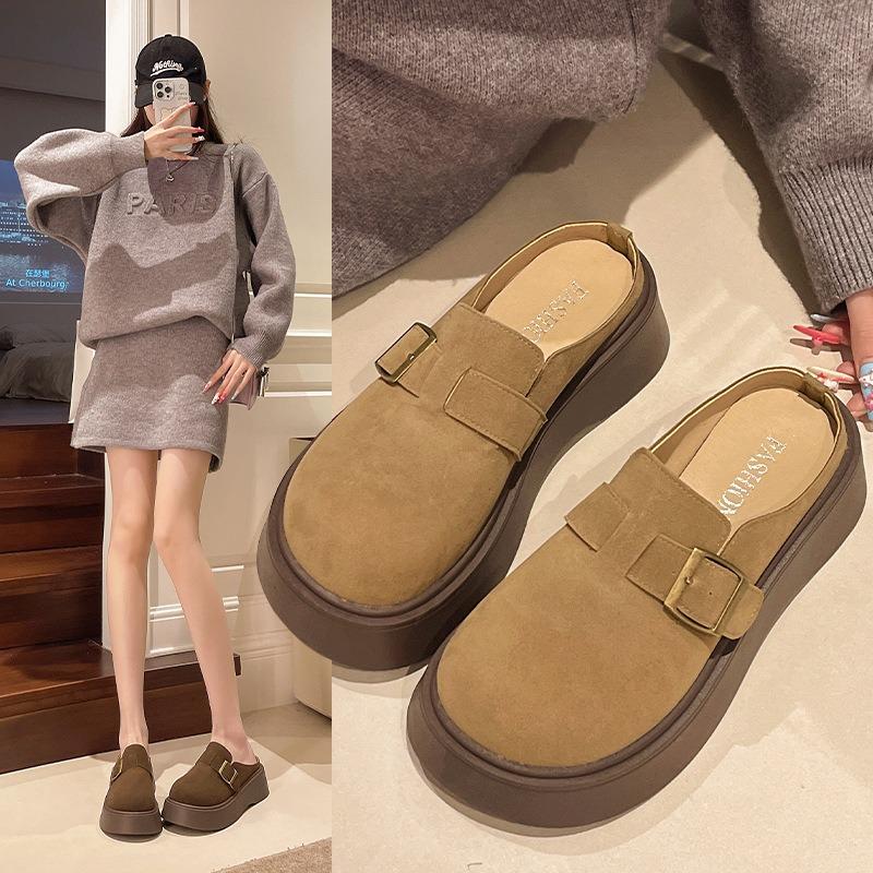 One Foot Pedal Bag Head and Half Slippers Women Wear Autumn and Winter New Thick-soled Heightening Retro Slippers