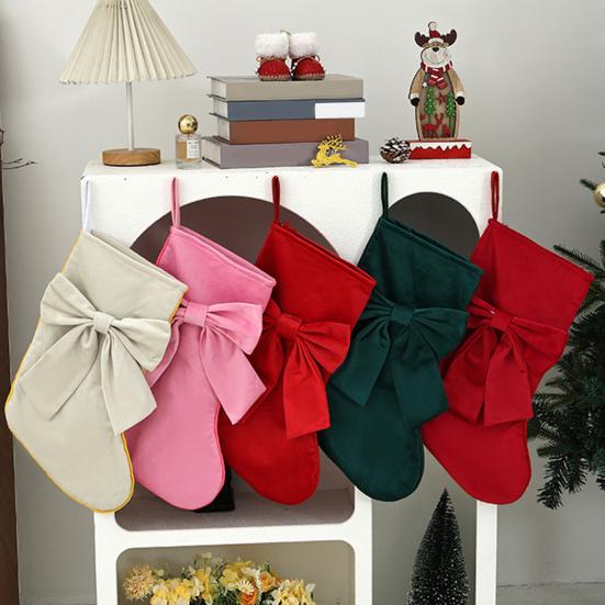 Festive Ornament for Wall Hanging Soft Velvet Christmas Stocking Fireplace Decor, Large Gift Bag Holiday Party Decoration Supplies with Bow,
