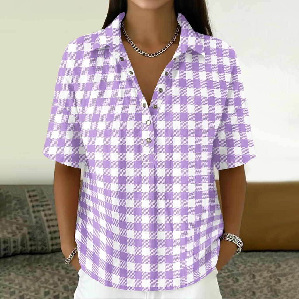 Women’s Turn Down Collar Button Up Vintage Print Short Sleeve Relaxed Fit Casual T Shirt Blouse Top for Everyday Wear