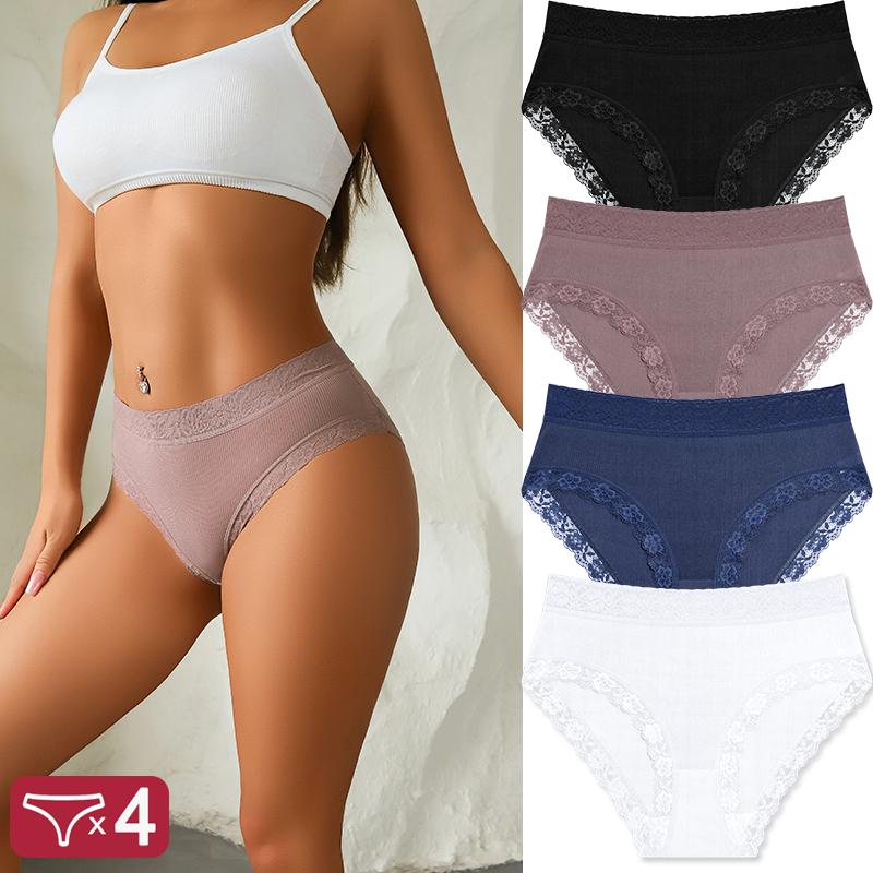 FINETOO 4Pcs Lace Plus Size Underwears Women's Sexy Panties High Quality Striped Briefs Girls Solid Sports Comfortable Lingerie