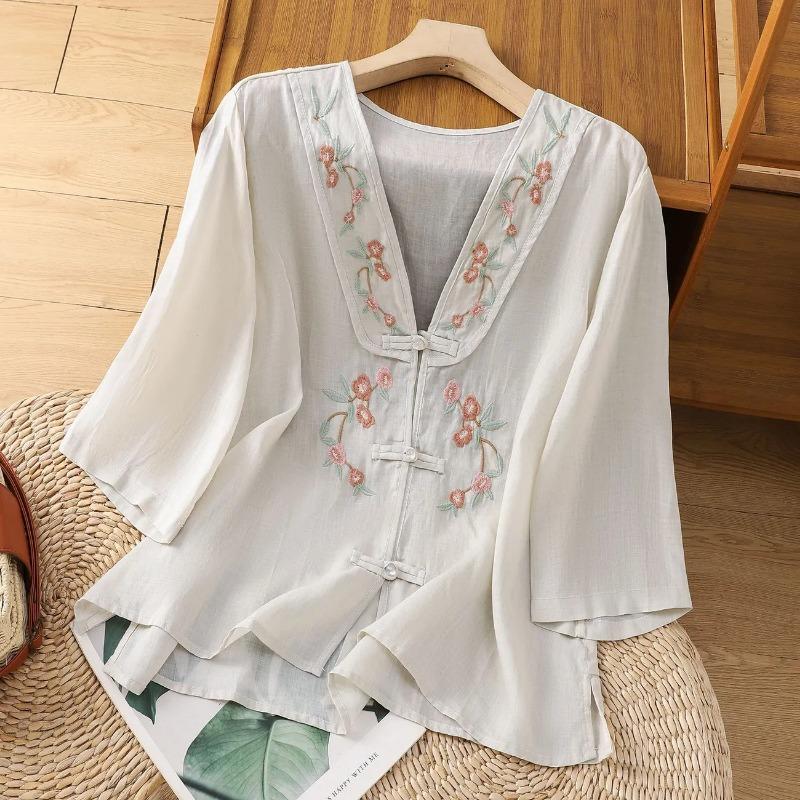 Women's Floral Embroidered V Neck Blouse Traditional Chinese Casual Shirt