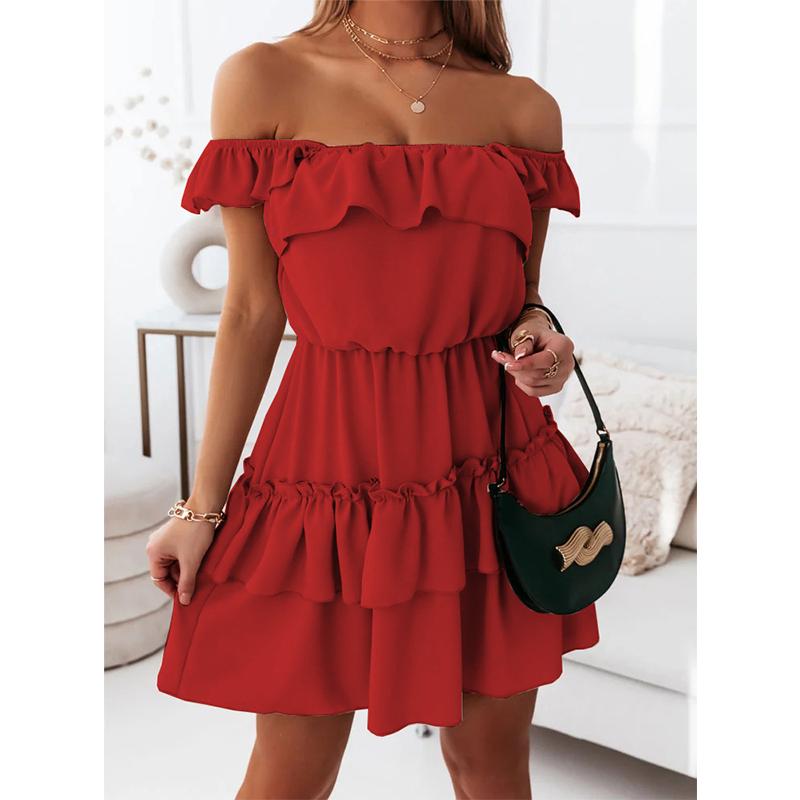 S-XXL New Summer Women's Solid Color Sling Stitching Double Layer Ruffle Dress Long Dress