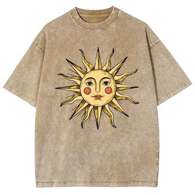 Sun Face Print Women's T-Shirt Washed Cotton Breathable High Quality Short Sleeve Oversized Men's Half Sleeve Distressed