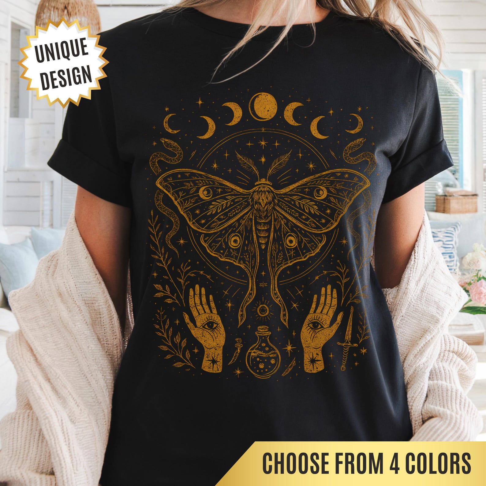 Luna Moth Shirt Gift for Her, Mystic Moon and Moth Tee, Moon Phases Shirt, Celestial Witchy Shirt, Mystical Moth Clothing, Mothers Day Gift S
