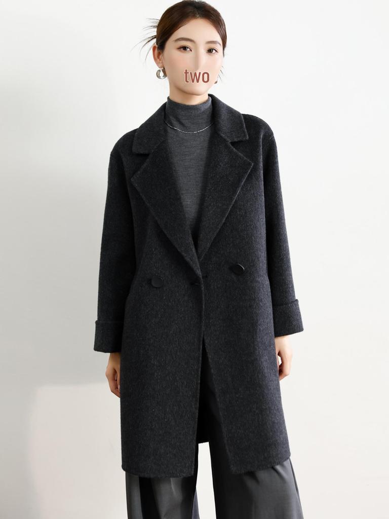 Women's Mid-Length Black Double-Faced Cashmere Wool Coat - 2025 Autumn/Winter Collection