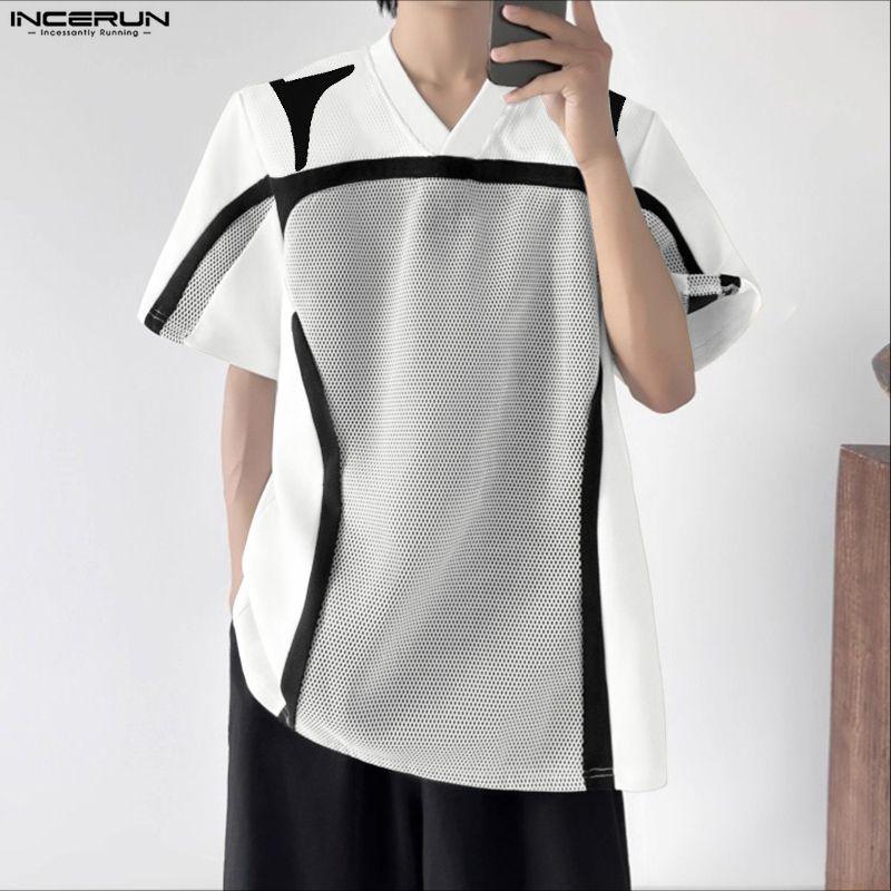 INCERUN Men T-Shirts V Collar Short Sleeve Netyarn Patchwork Casual Tops