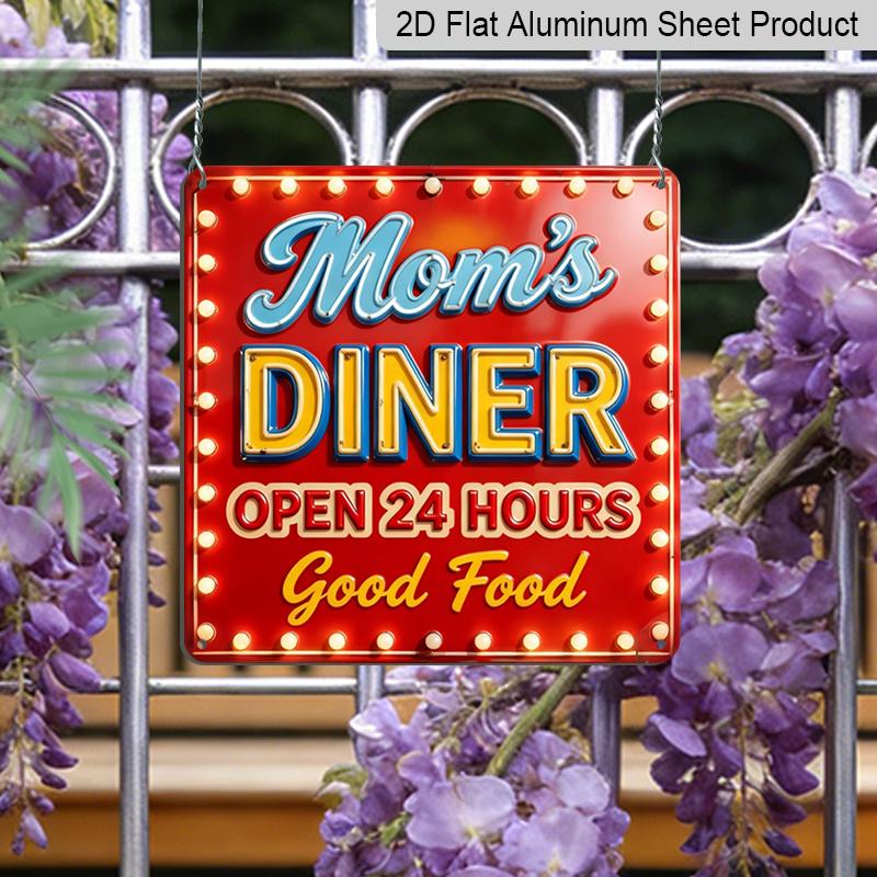 2D Flat - 1pc, Vintage Metal Aluminum Decorative Sign and Plaque, Wording Sign 'Mom's Diner Open 24 Hours Good Food', Retro Decoration Sign for Mom'S