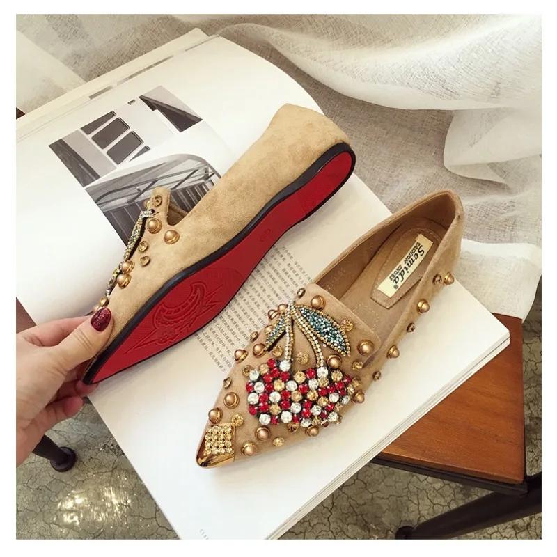 Fashion New 2025 Pointed Toe Women Flat Rhinestones Cherry Loafers Rivets Classic Ladie Flats Shoes Women's Ballet Flats Soft Boat Shoes