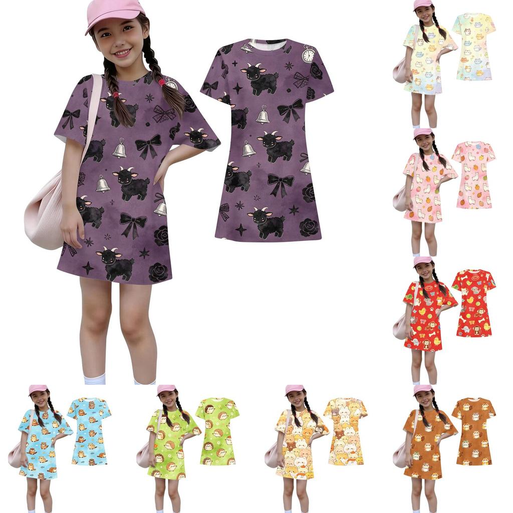 Girls Loose Fit Short Sleeve Dress Lightweight Round Neck Casual Animal Print Summer Dress for Children Comfortable Daily Wear