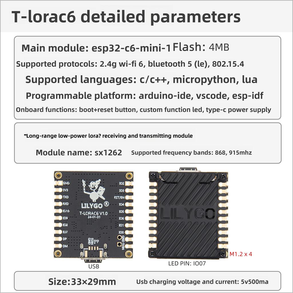 T-LORAC6 ESP32-C6 Zigbee LoRa SX1262 Wi-Fi6&BLE 5