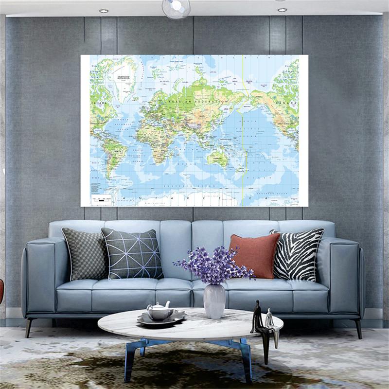 Without Frame English-World Map-Geographic Map with Cities Backdrop,Travel Supplies,for Classroom,Dorm,Office Decor