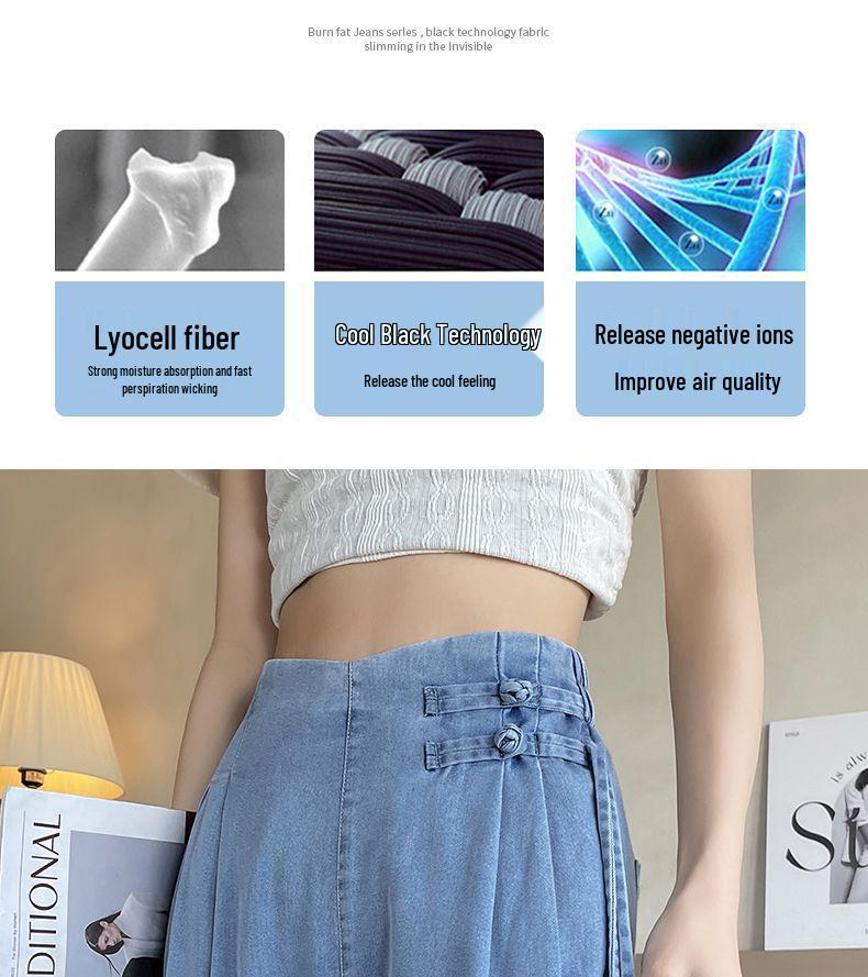 Women's National Style Tencel Button-Up Wide-Leg Jeans - 2026 Summer Slim Straight Casual Pants