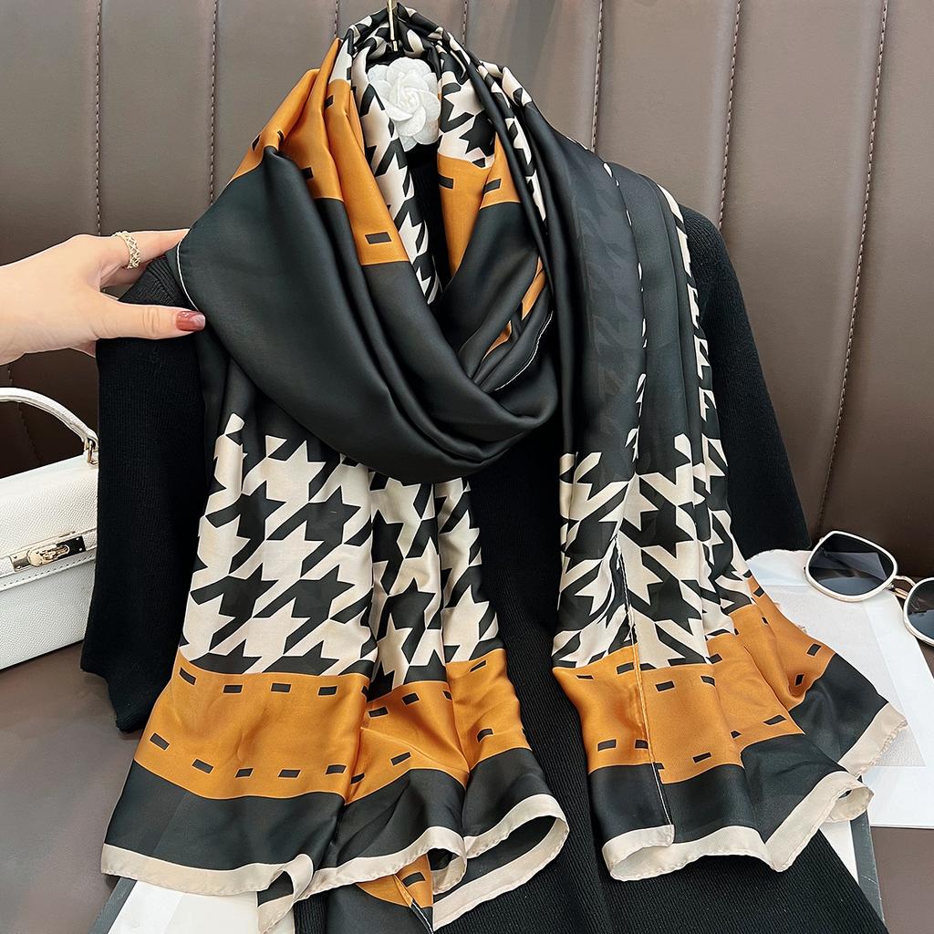 New color matching thousand bird grid long silk scarf women's commuting versatile temperament shawl seaside thin sunscreen beach towel