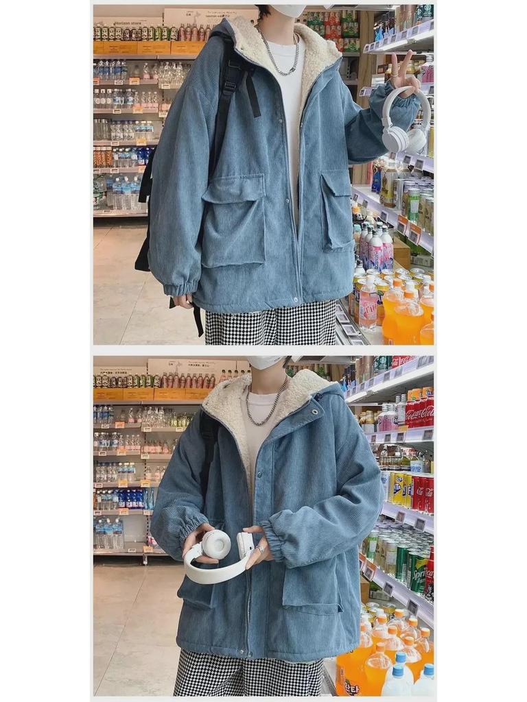 Lös herrjacka i plyschkord sammet - Tjock vinterkappa i lammsull, Koreansk stil ungdomstrend