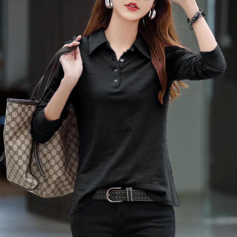 Polo Neck Shirts for Women Button Tops Plain T-shirt Woman Long Sleeve Tee