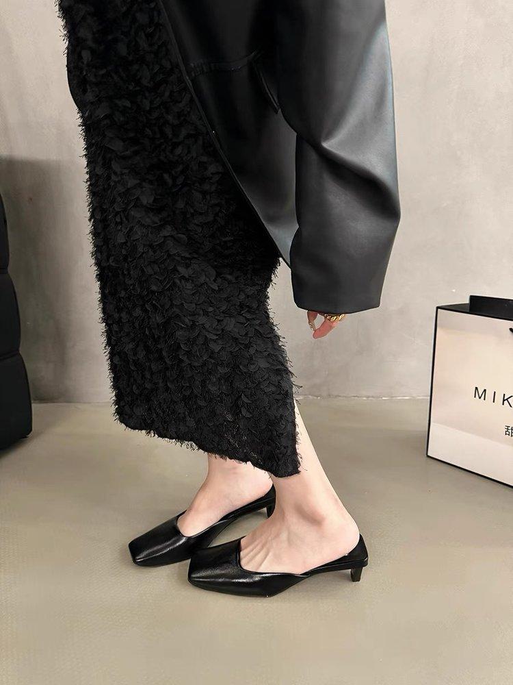 

French square toe temperament, silver toe, half slipper, shoes for women, 2025 new spring and summer evening low-heeled shoes 35