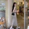 French Retro Polo Collar Color Block Stripe Knit Dress with Pleated Waist