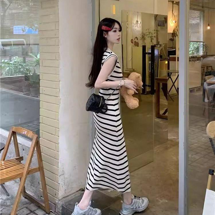 French Retro Polo Collar Color Block Stripe Knit Dress with Pleated Waist