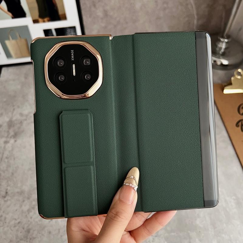 For Huawei Mate X6 and X5 Case Luxury Leather Dual Hinge Protection Finger Grip Strap Track Stand Case Cover