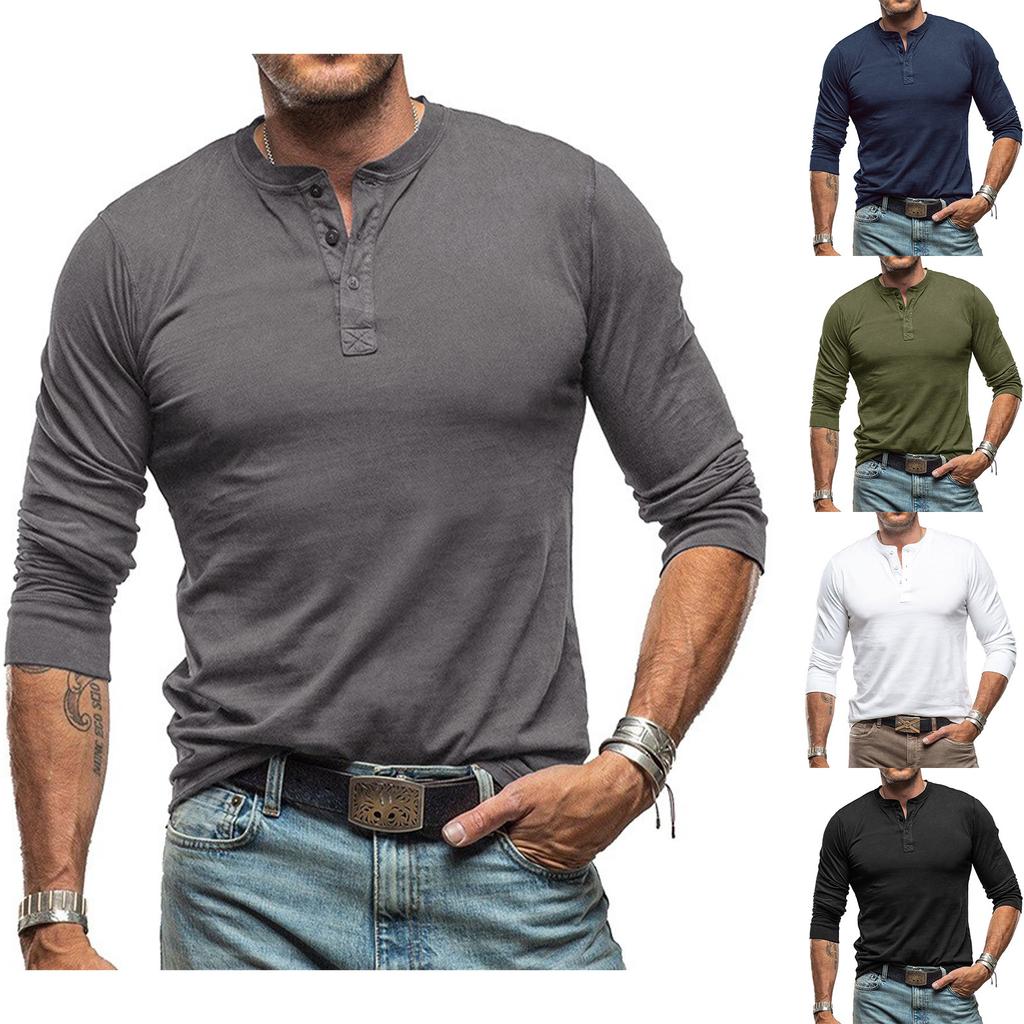 Men's Solid Color Long Sleeved Lapel T-shirt Top, Men's Loose Shirt