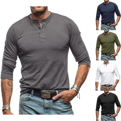 Ανδρικό Μονόχρωμο Μακρυμάνικο Τοπ T-shirt με Πέτο, Ανδρικό Φαρδύ Πουκάμισο