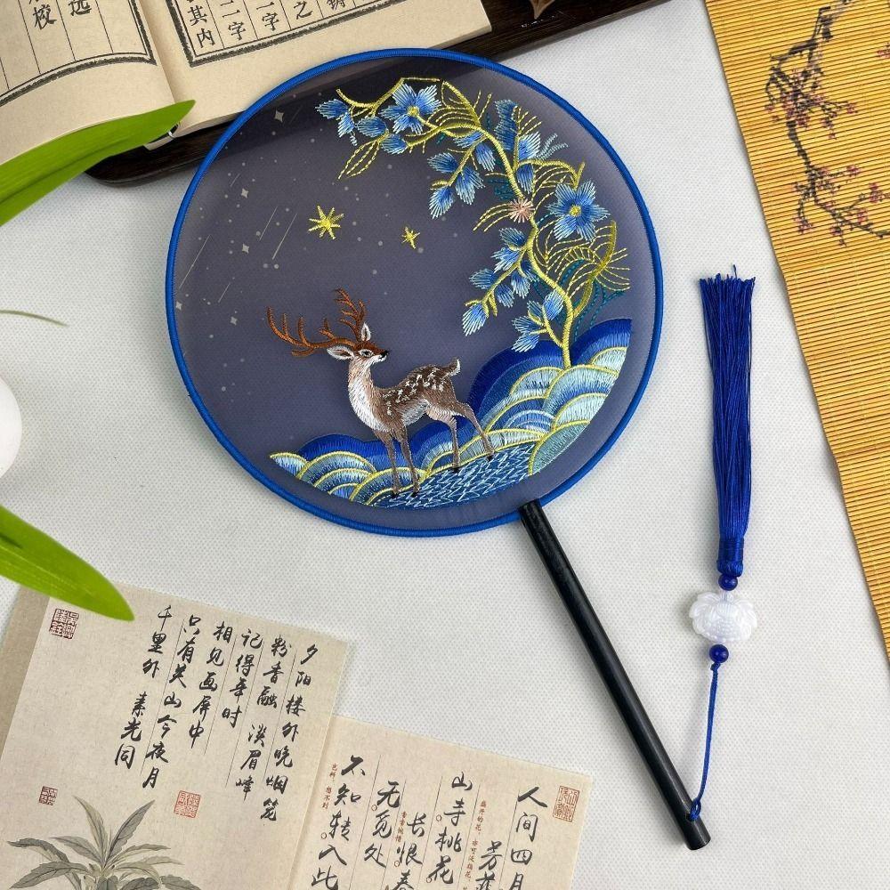 Semi-Transparent Embroidery Round Fan Chinese Style Vintage Hand Fan Dance Fan Wedding