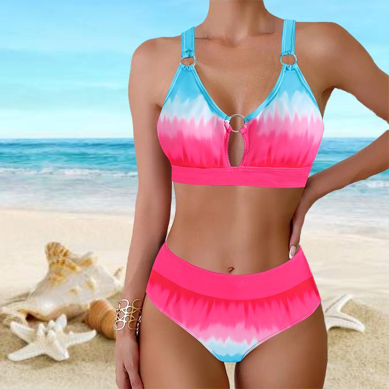 Plus Size Women Fashion Sexy Round Neck Blue Spots Bikini Set Slim Fit Beach Swimsuits Two Piece Set