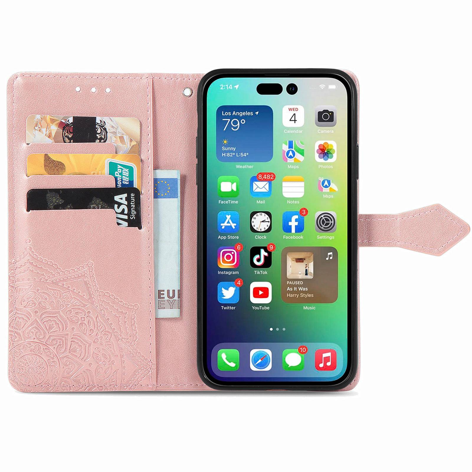 

For iPhone 14 6.1 inch Mandala Pattern Embossed Leather Wallet Case Magnetic Clasp Phone Stand Cover with Strap Rose Gold