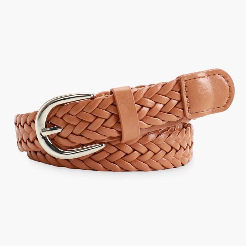 Solid Simple Color Metal Buckle No Punching Imitation Leather Woven Belt Women