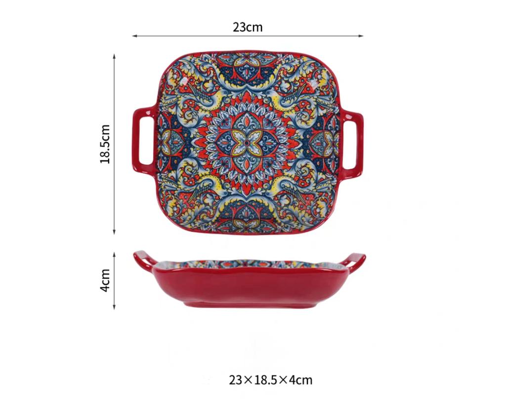 Bohemian Double Ear Square Ceramic Plate Creative Household Dish Plate Net Red Fruit Spaghetti Plate Oven Microwave Oven-9inch
