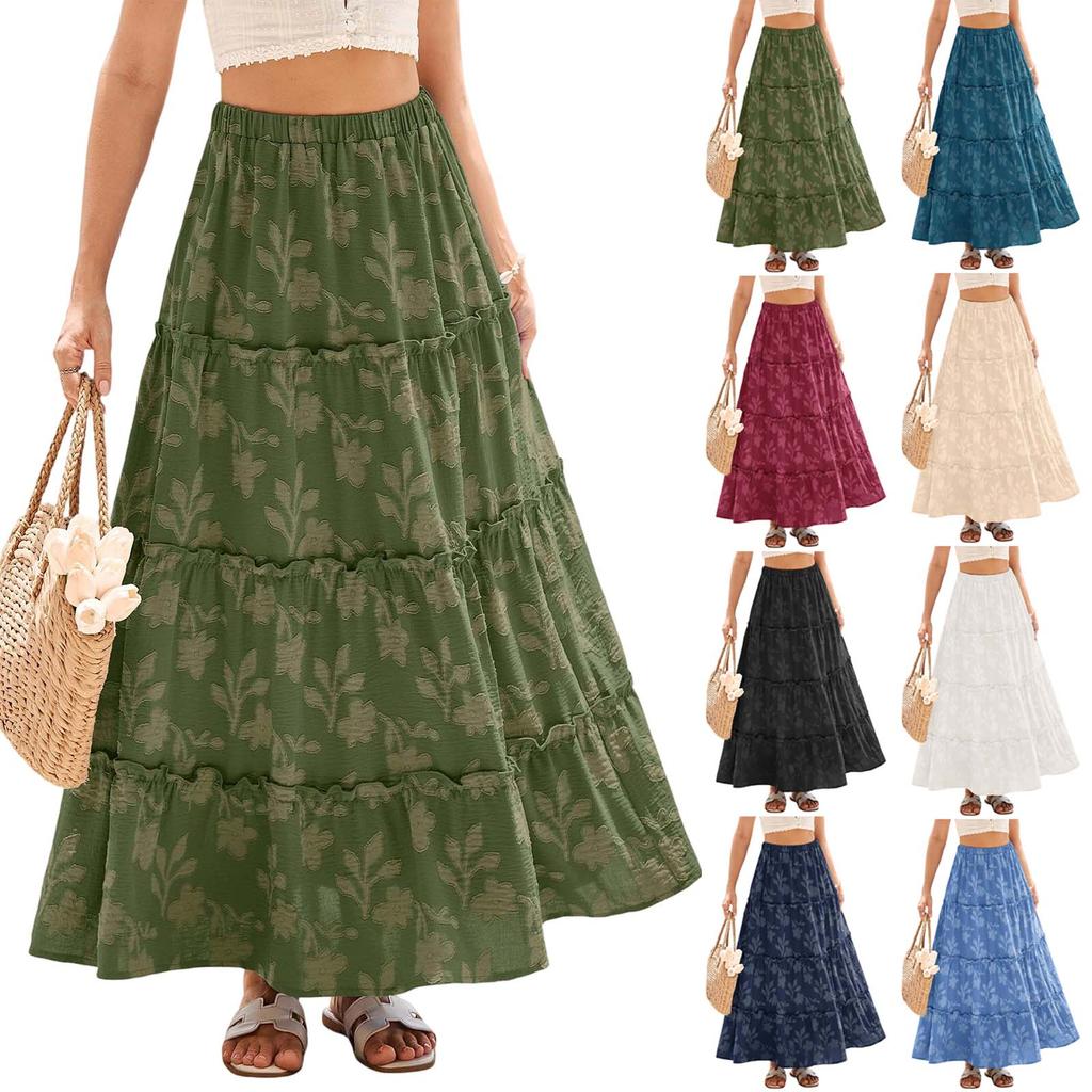 Women Bohemian Style High Waist Tiered A Line Skirt Elastic Waistband Floral Print Casual Midi Skirt for Daily Wear