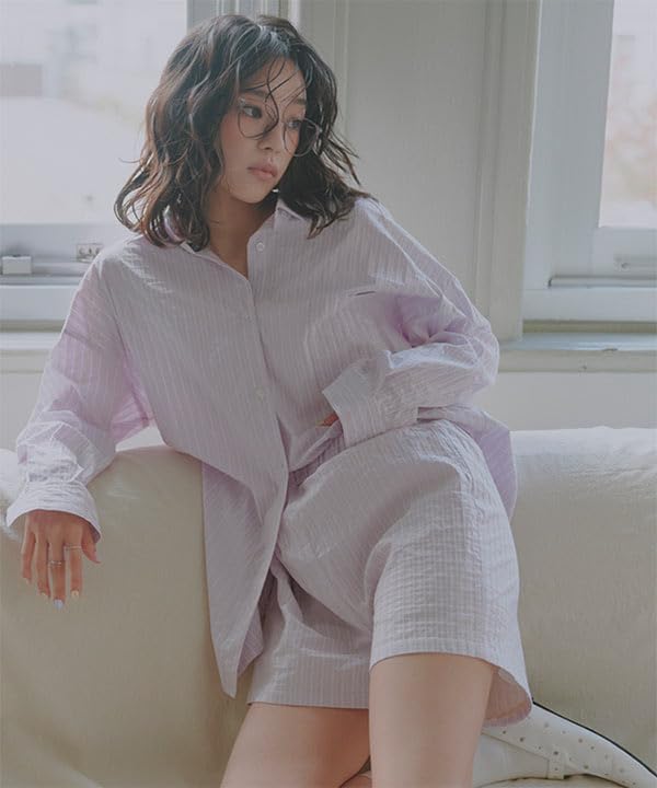 Kobe Lettuce Striped Shirt and Shorts Set for Spring and Comfortable Size Blue Women's Summer, Loungewear, M, [E3474]