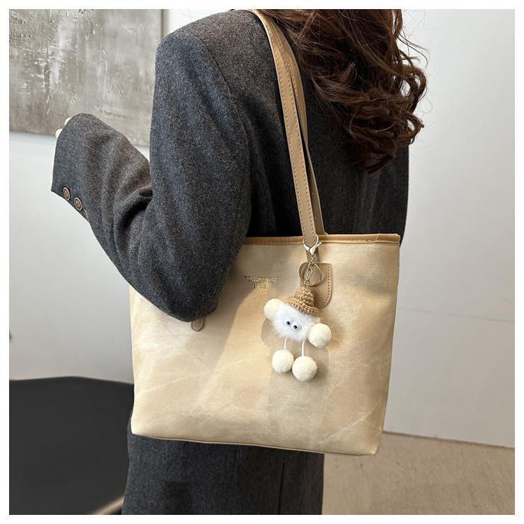 Simple Solid Color Tote Bag Women Large Capacity Faux Leather Shoulder Handbag Urban Commuter Bucket Purse