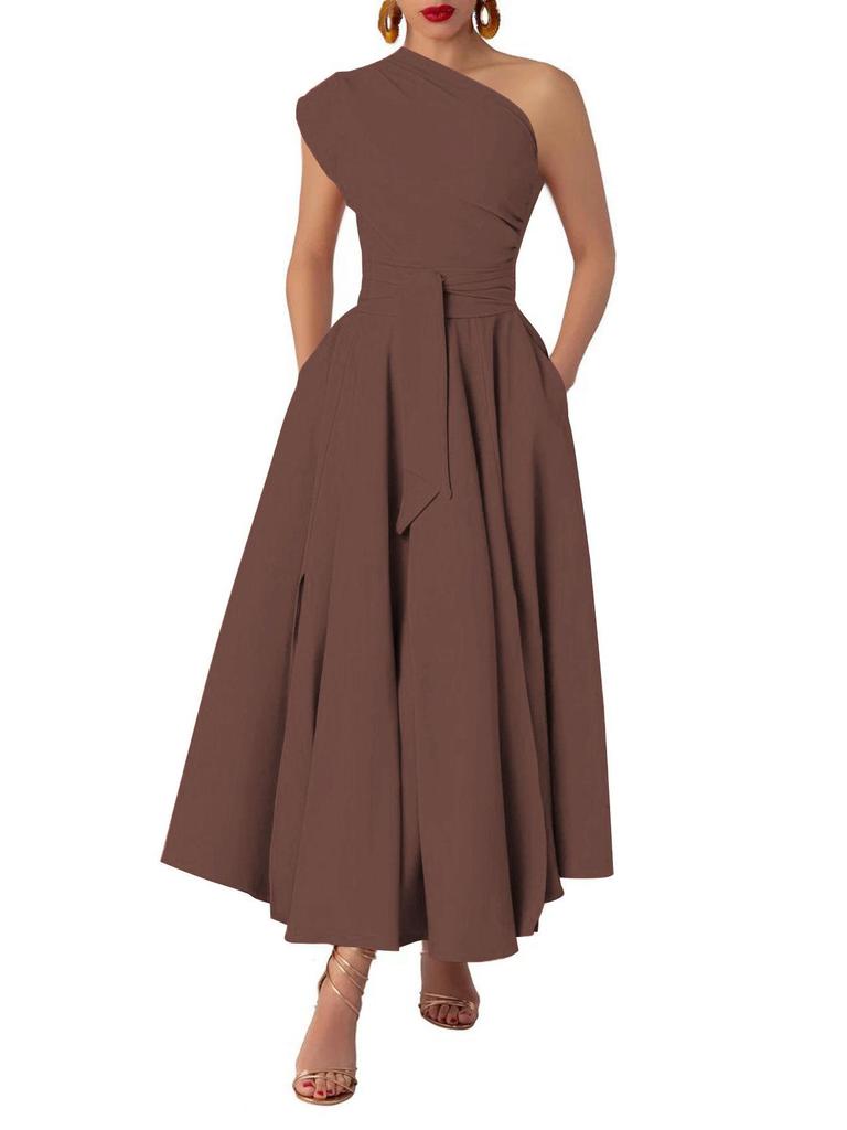 Summer Style Women's Sleeveless One-Shoulder Dress with Cinched Waist and Wide Hem
