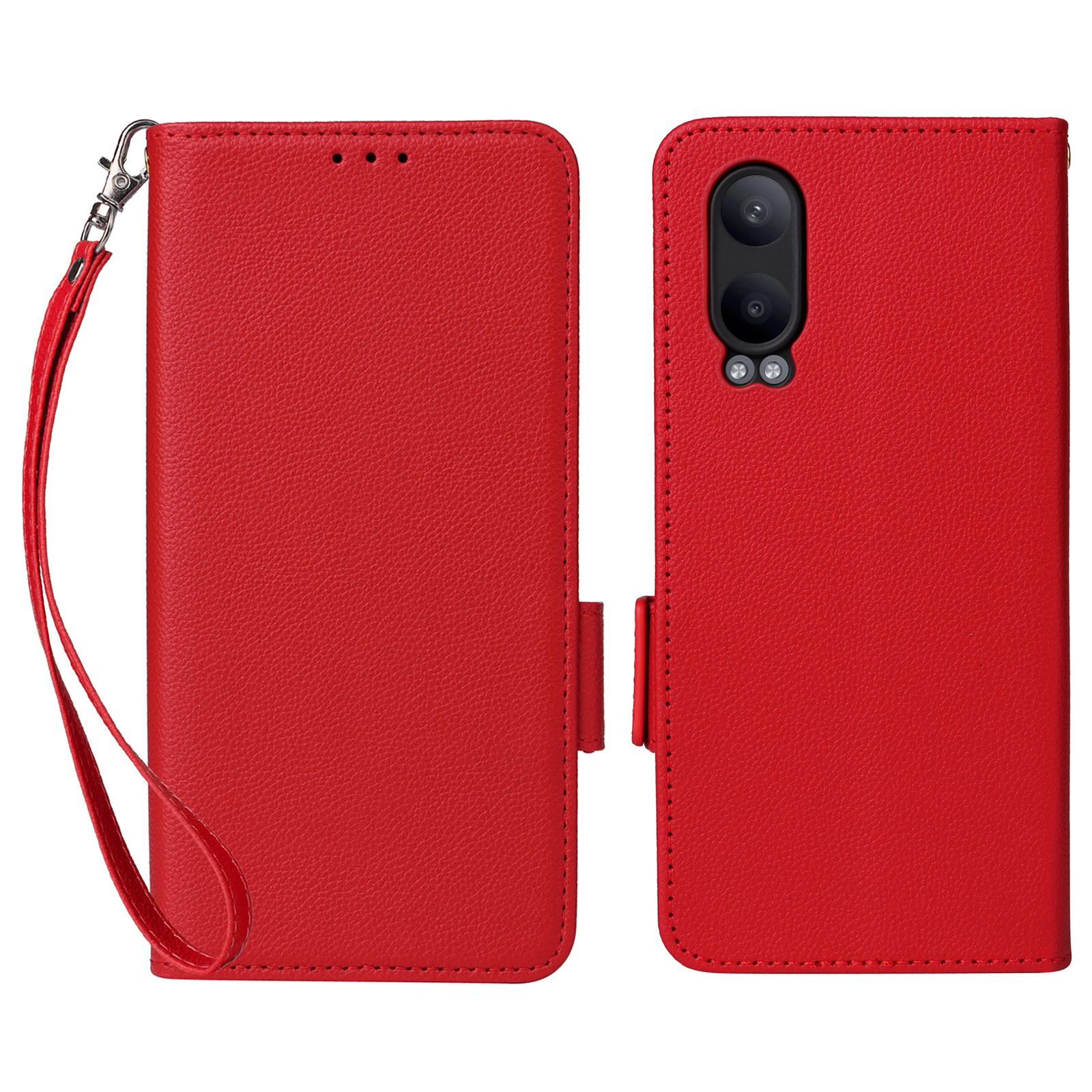 

For OnePlus Nord CE4 Lite 5G/Oppo K12x 5G (China) Case with Wrist Strap Litchi Texture PU Leather Wallet Phone Cover Red