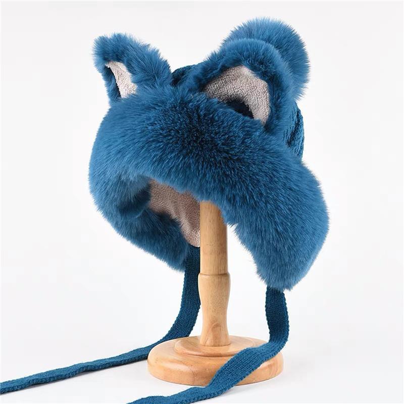Fox Ear Hat Female Winter Sweet and Cute Knitted Woolen Lei Feng Hat Plush Thick and Warm Northeast Mongolian Hat Ear Protection