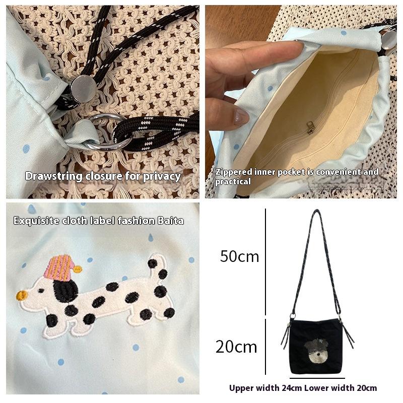 Cute Embroidery Women'S Drawstring Shoulder Bag Cartoon College Girls Book Tote Shopping Bags Large Capacity Female Handbags