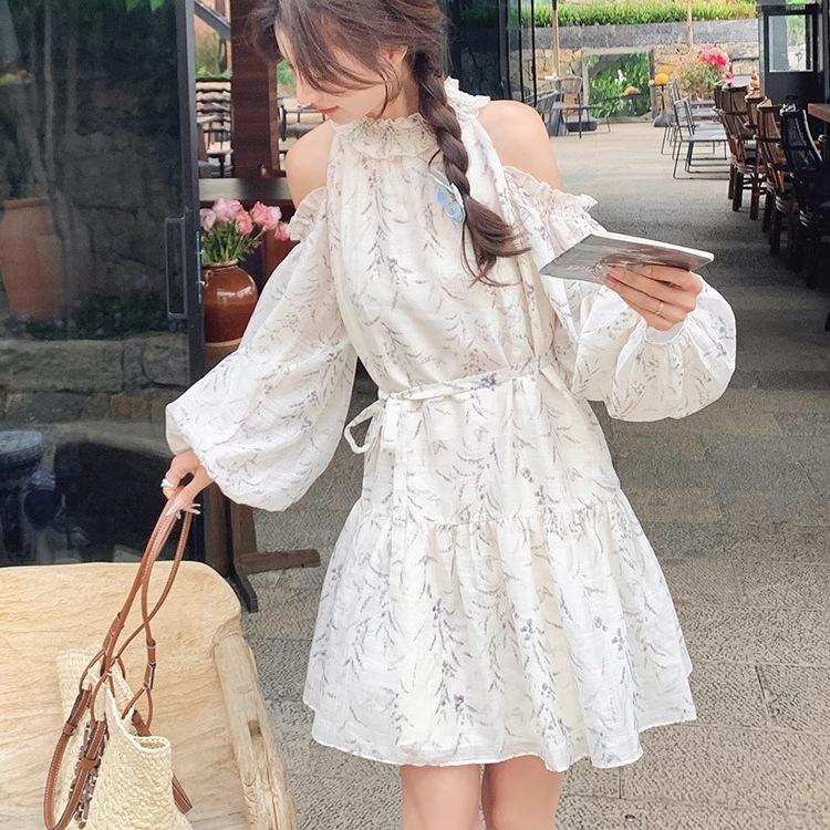 Off-the-shoulder floral dress women's summer 2026 new temperament gentle and cold feeling holiday style loose and thin skirt