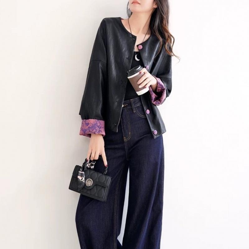 Women's 2025 Retro Chinese Jacquard Stitch Leather Jacket - Elegant PU Leather Casual Top