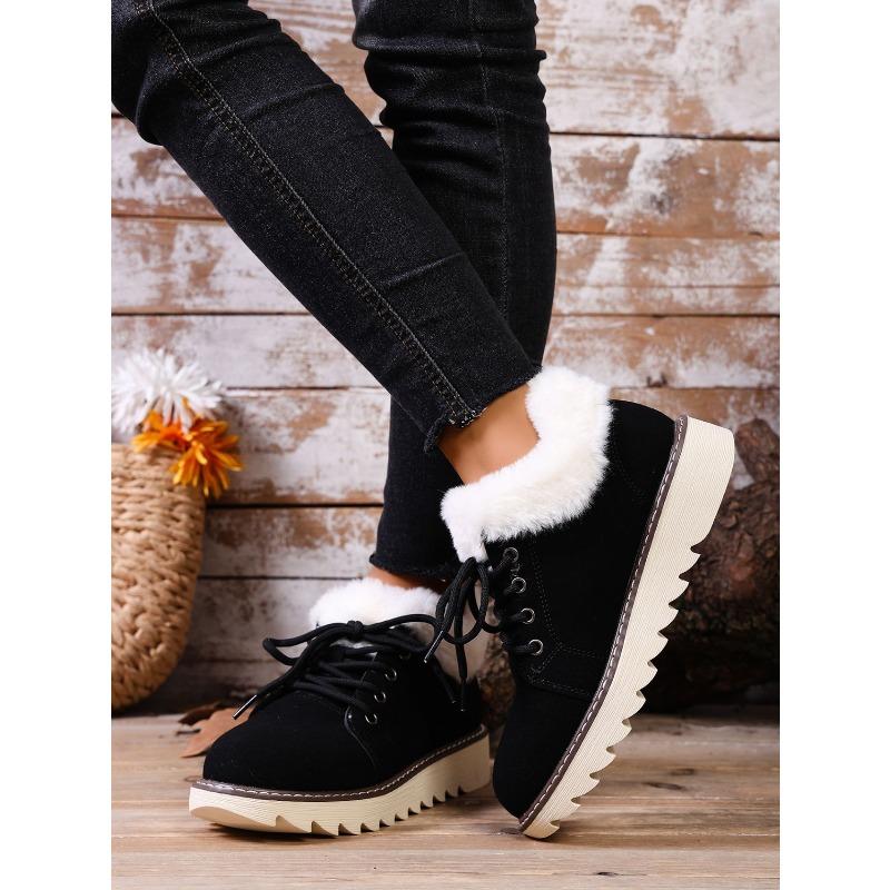 2025 New Lace-up Plush Plush Cotton Shoes Large Size Round Toe Platform Sole Warm Snow Boots for Women
