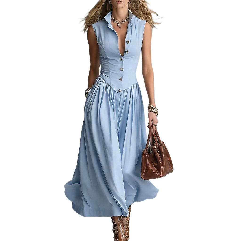 Frühling neue französische Temperament elegante Muse Ventilator schlank schlank schlank Revers ärmelloses langes Kleid Damenbekleidung